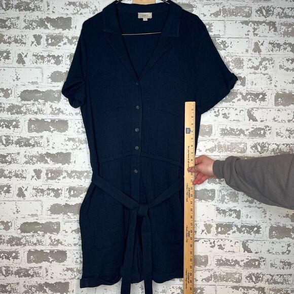 Loft | women navy blue gauzy romper shorts button up - Picture 10 of 12
